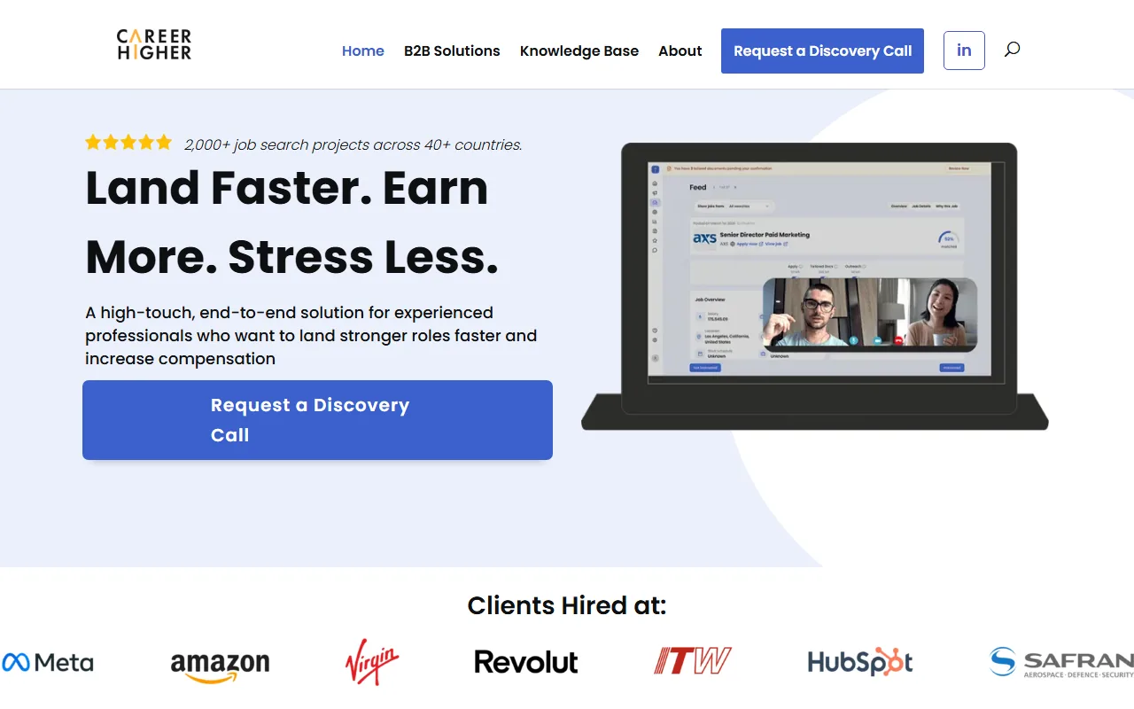 CareerHigher homepage, showing the tagline Land Faster. Earn More. Stress Less.