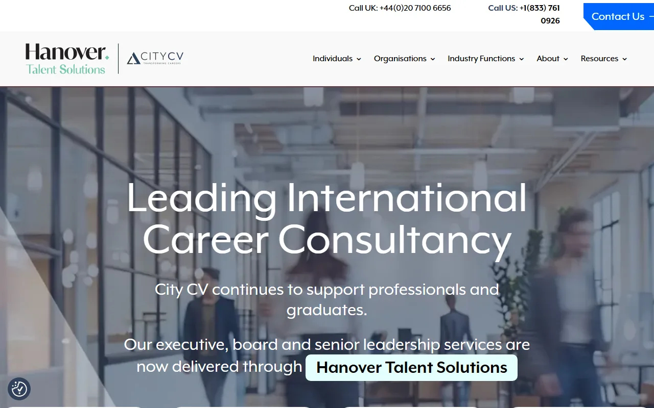 City CV homepage, now co-branded with Hanover Talent Solutions