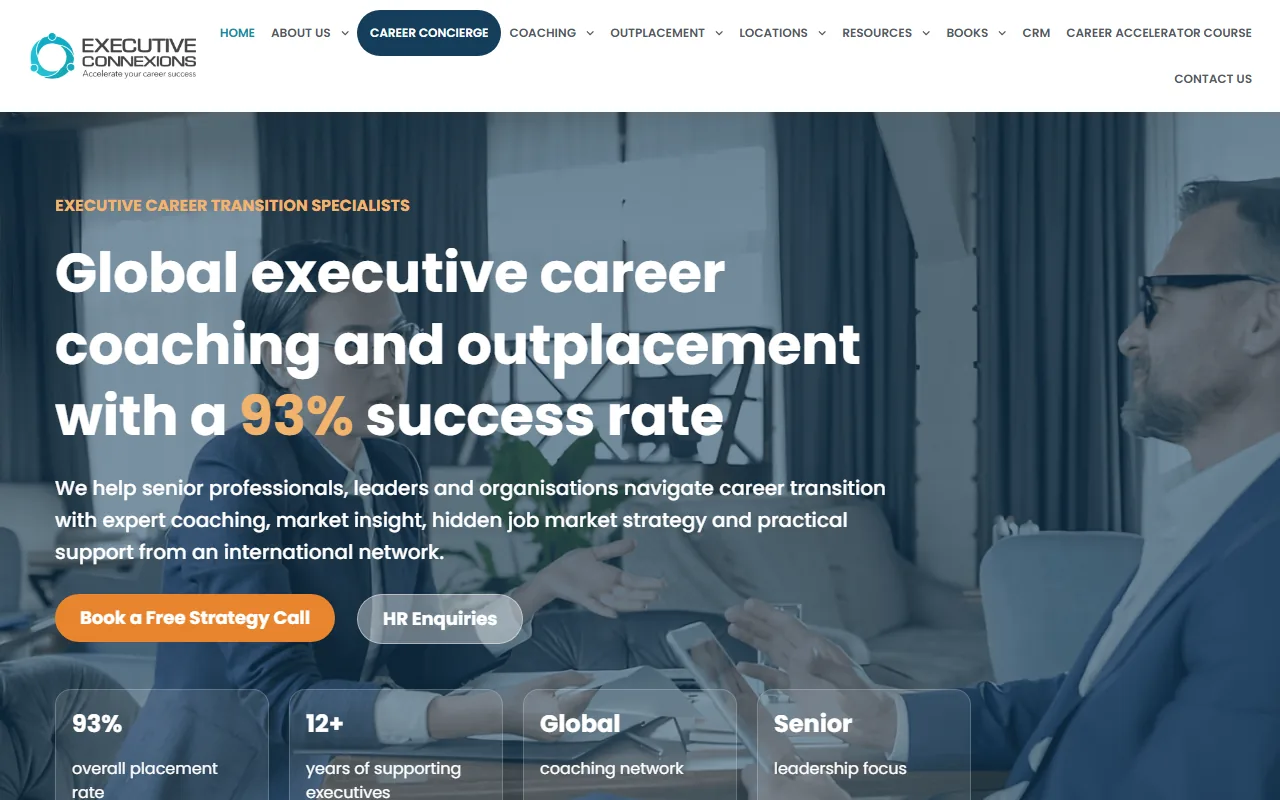Executive Connexions homepage advertising executive coaching and outplacement with a 93% success rate