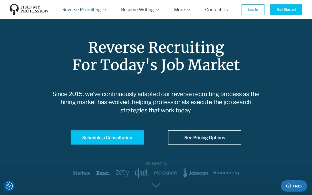 Find My Profession homepage headed Reverse Recruiting For Today's Job Market